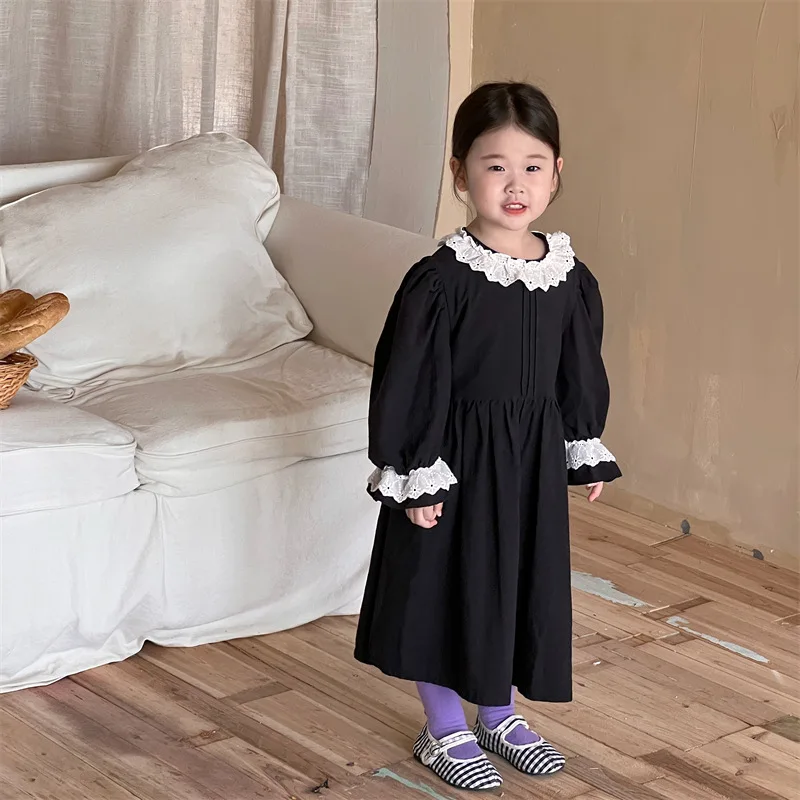 

Korean Children's Clothing 2022 Autumn New Girls' Black Retro Palace Style Cotton Dress