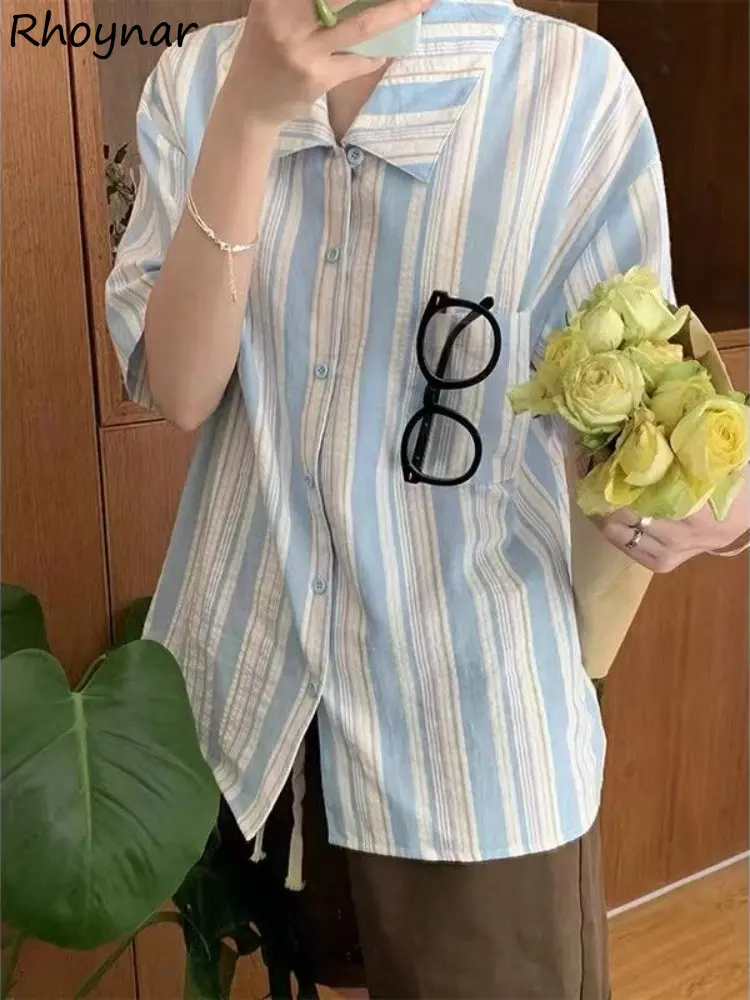 

Shirts Women College Blue Striped Design Summer Short Sleeve Loose All-match Students Tops Clothing Harajuku Aesthetic Fashion