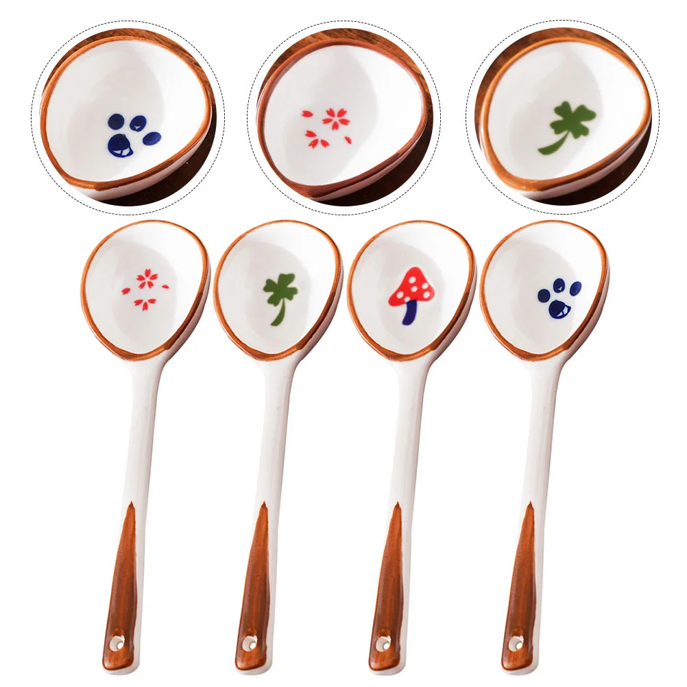 

4Pcs Small Ceramic Handle Spoon Soup Spoons Ramen Soup Spoon Ceramic Soup Spoon for Restaurant Home Hotel Kitchen