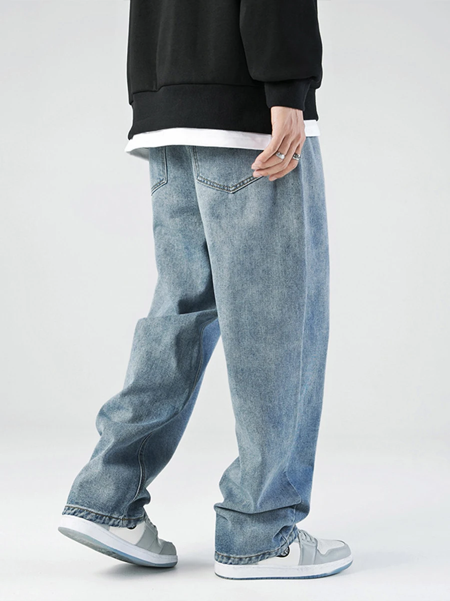 European and American High Street Men's Straight Loose Jeans Solid Color Washed Straight Trend Fashion Streetwear Ins Hot Sale