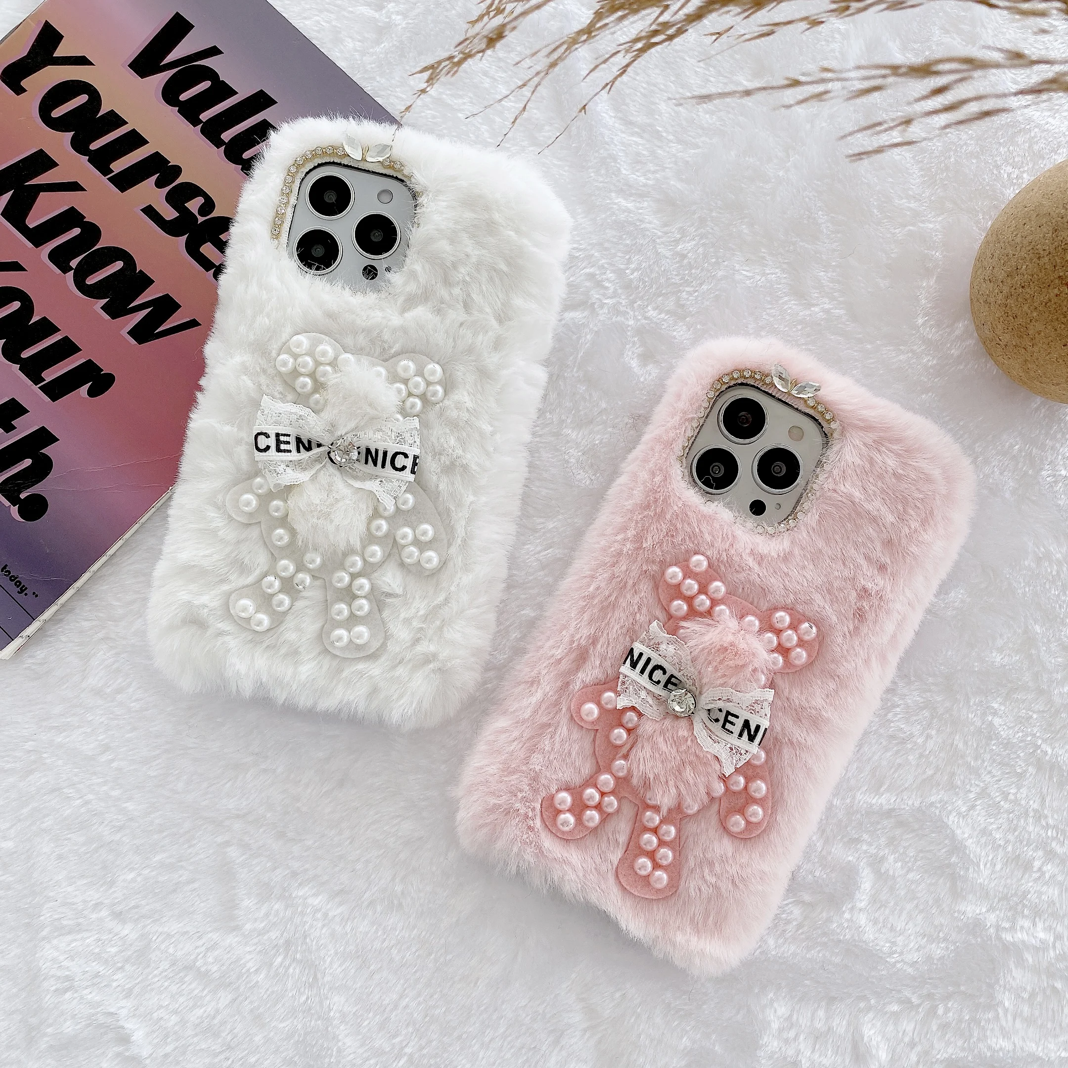 3D милый медведь жемчуг Пушистый Плюшевый Меховой чехол для телефона iPhone 12 11 13 mini