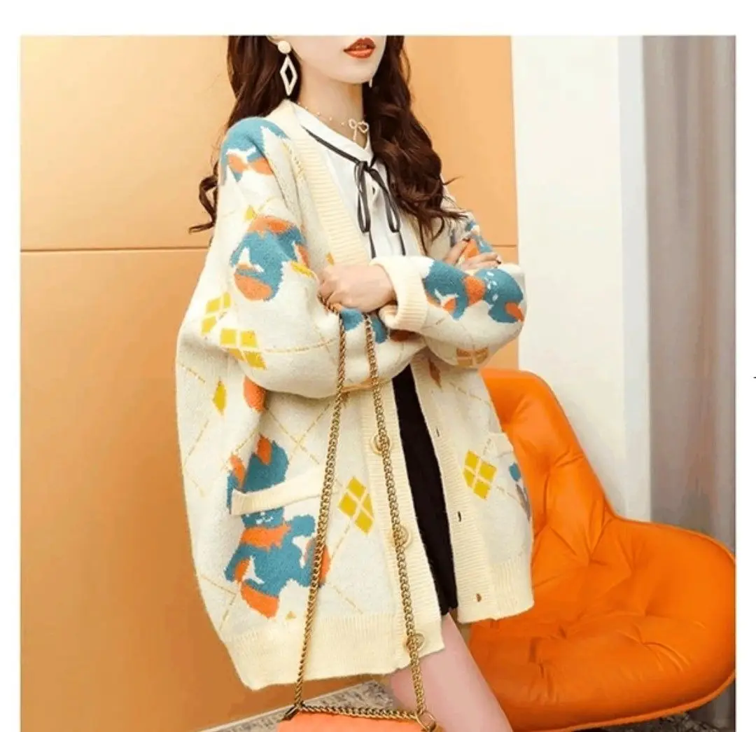 

DAYIFUN Knitted Cardigan Cartoon Sweater Women Autumn Korean Fashion Loose Top Knitwear Jacket Large Size Outerwear Mid-length