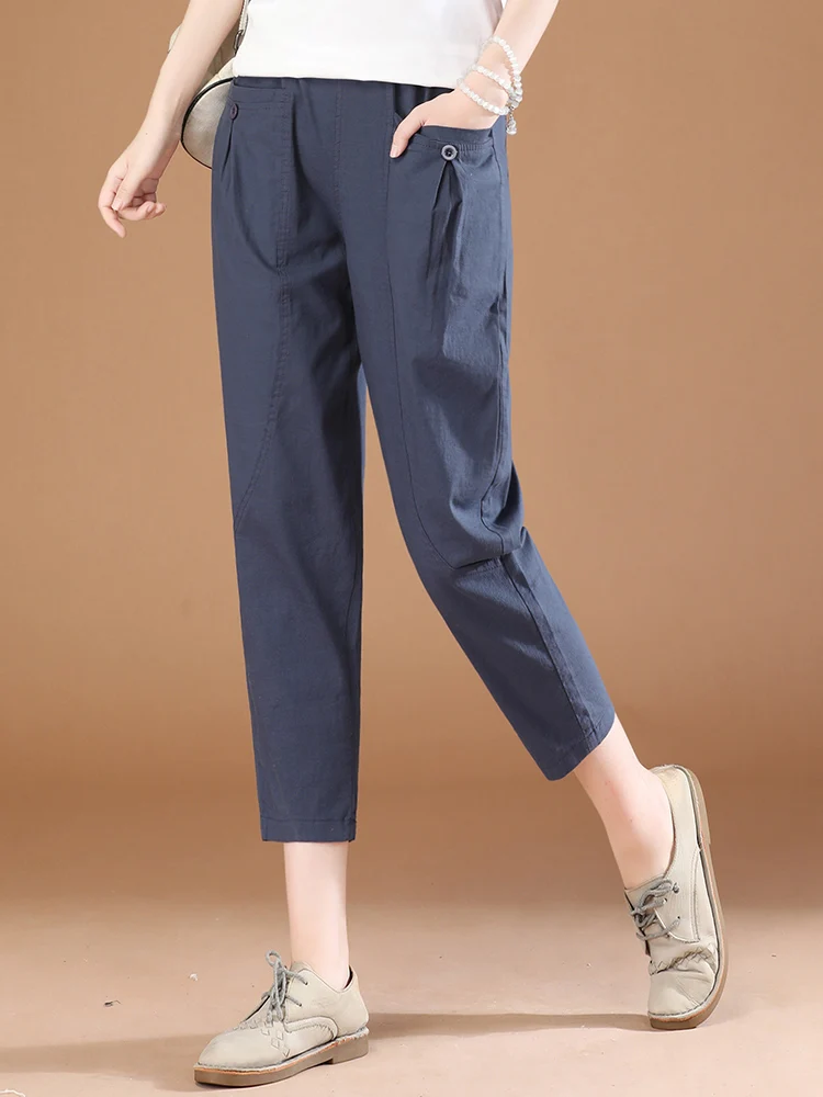 Женские брюки HCXR, летние повседневные шикарные однотонные брюки до щиколотки с эластичной средней талией и большими карманами, женские шаровары, 2023