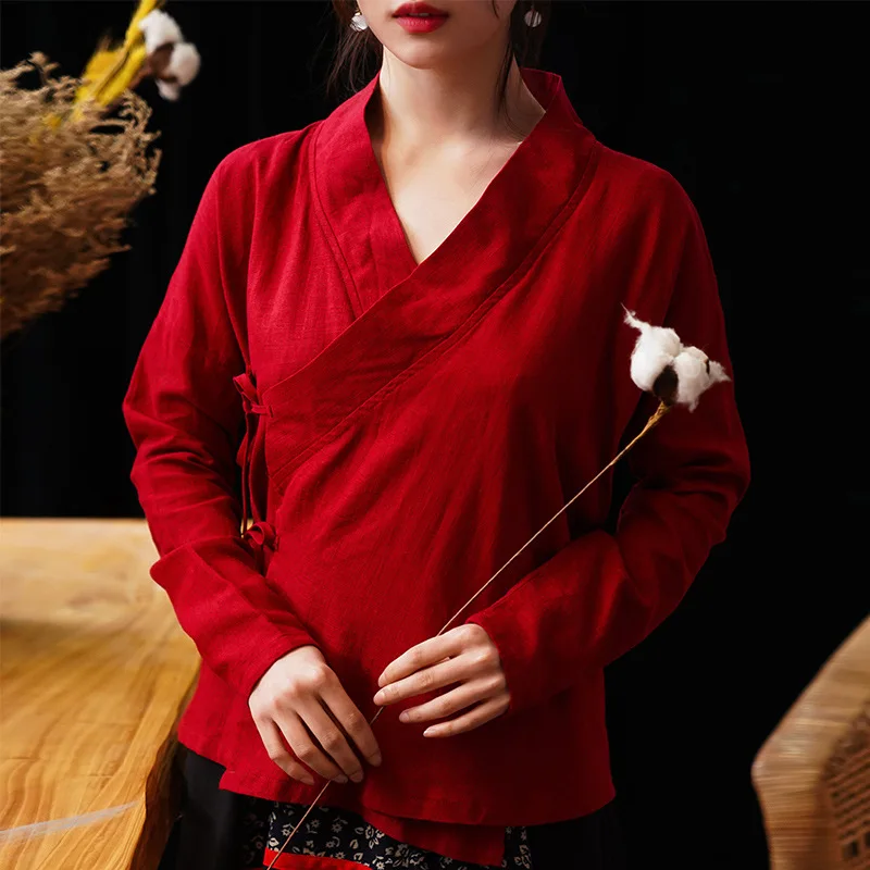 

Chinese Clothing Women Qipao Blouse Shirts Tang Suit Restore Ancient Cheongsam Cotton Linen Tops Red Solid Color Oriental Hanfu