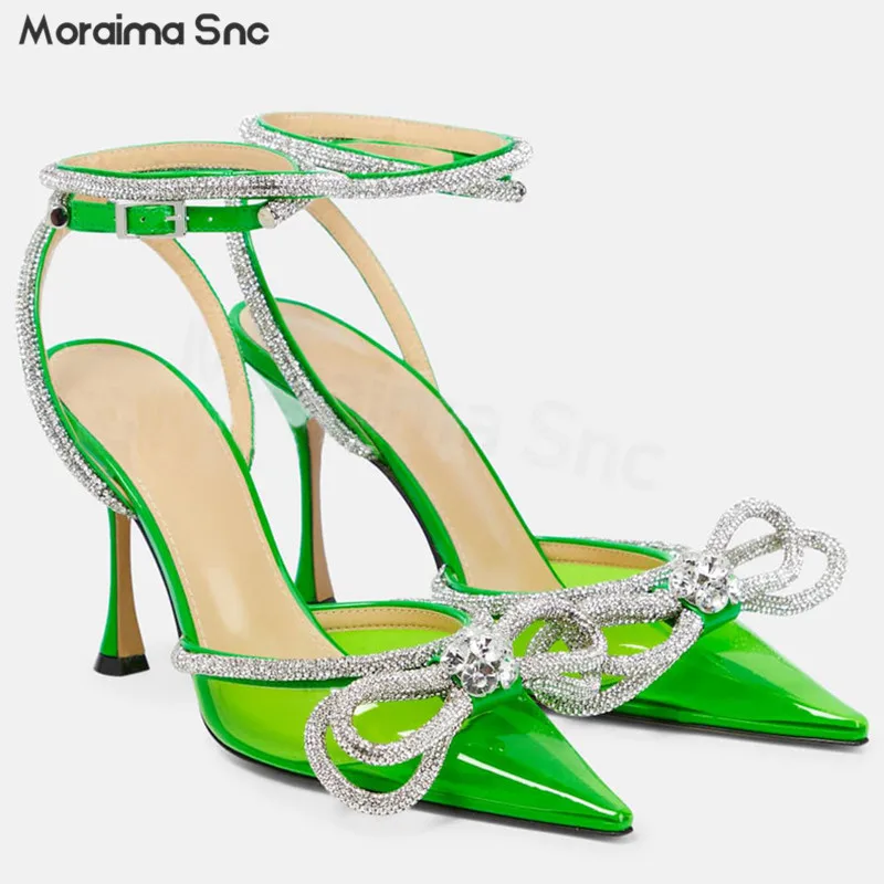 

Green Transparent Bow Rhinestone Sandals Pointed Toe Stiletto Sandals Fashion Banquet Sexy Temperament Large Size Women's Shoes