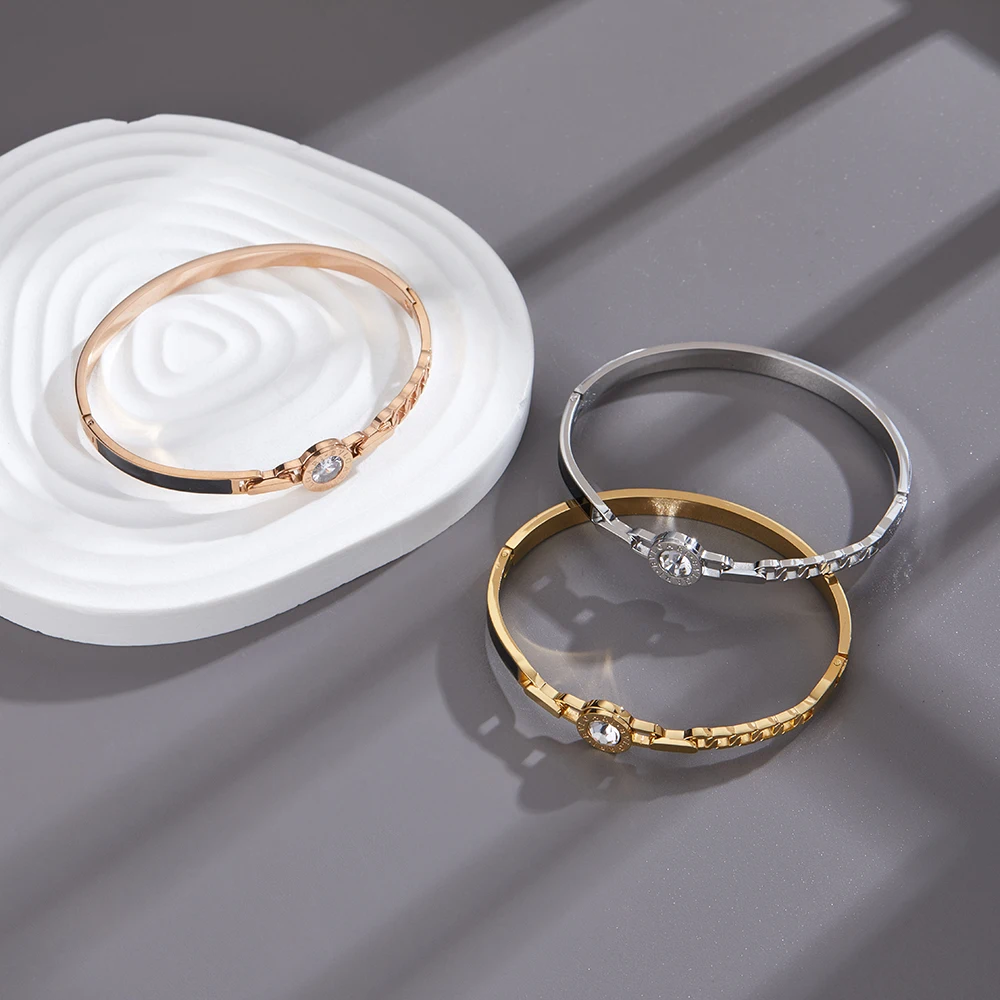 Женские браслеты из нержавеющей стали, ювелирные изделия, браслеты с римскими цифрами для женщин, CZ Кристаллы, модные браслеты для вечеринок