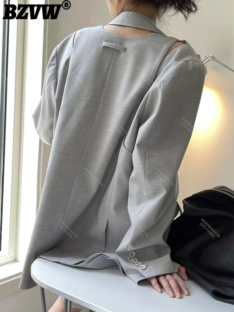 

BZVW Gray Back Hollow Out Blazer Women Big Size New Lapel Long Sleeve Loose Fit Jacket Fashion Tide Spring Autumn 2023 1DF7713