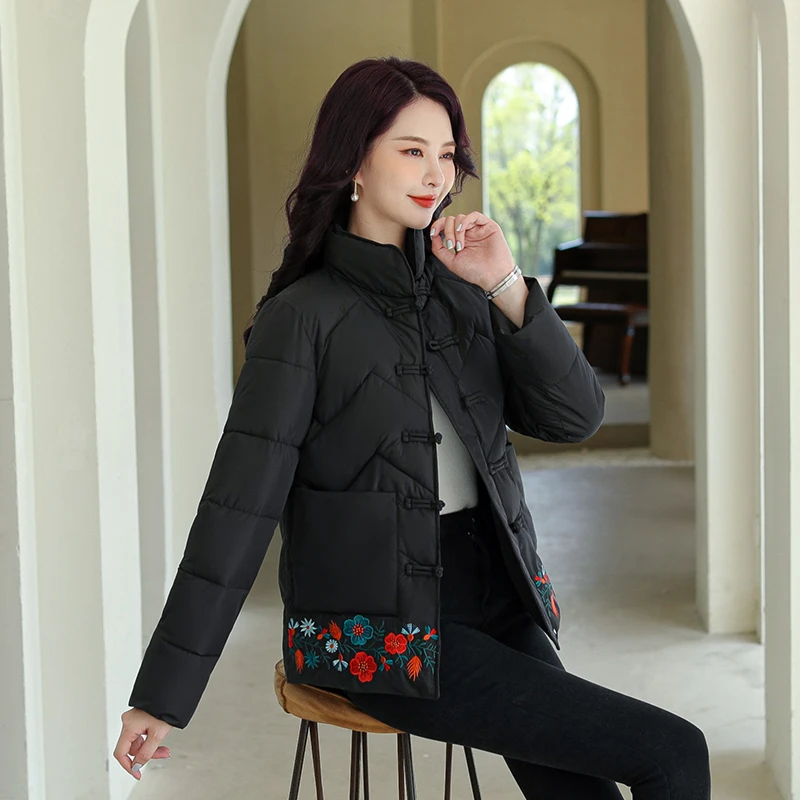 Ethnic women's fall winter retro padded clothes short padded jacket mother embroidered Tang suit padded coat button Chinese coat