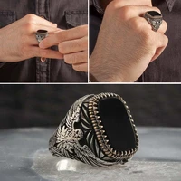punk gothic mens engraving flying eagle animal pattern finger ring with black square stone crystal for male party jewelry