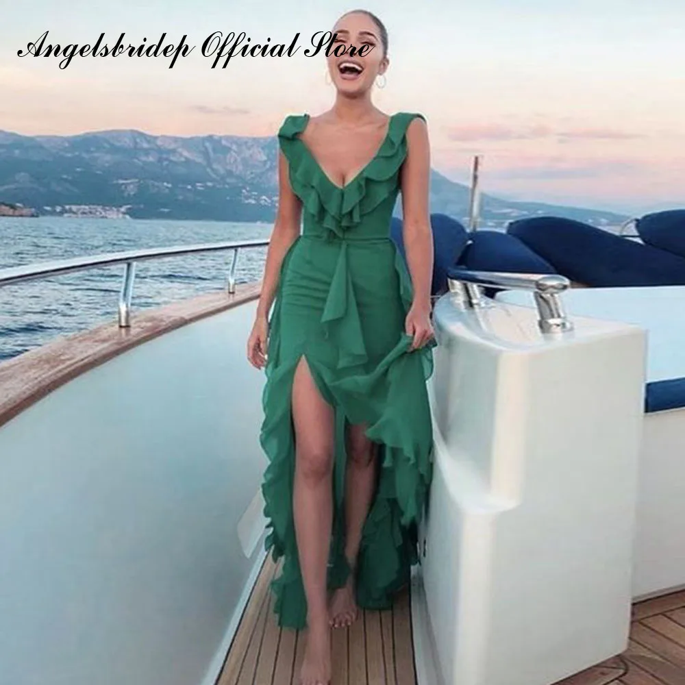 

Angelsbridep Green Sleeveless Prom Dresses Sexy Ruffles High Low Party Dress Long vestidos De Noche Zipper Back Evening Gowns