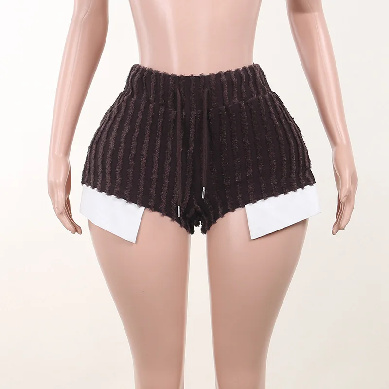 Patchwork Fluffy Summer Shorts Women Elastic Waist Drawstring Side Split Fashion Casual Jogger Pants Sexy Streetwear Trousers