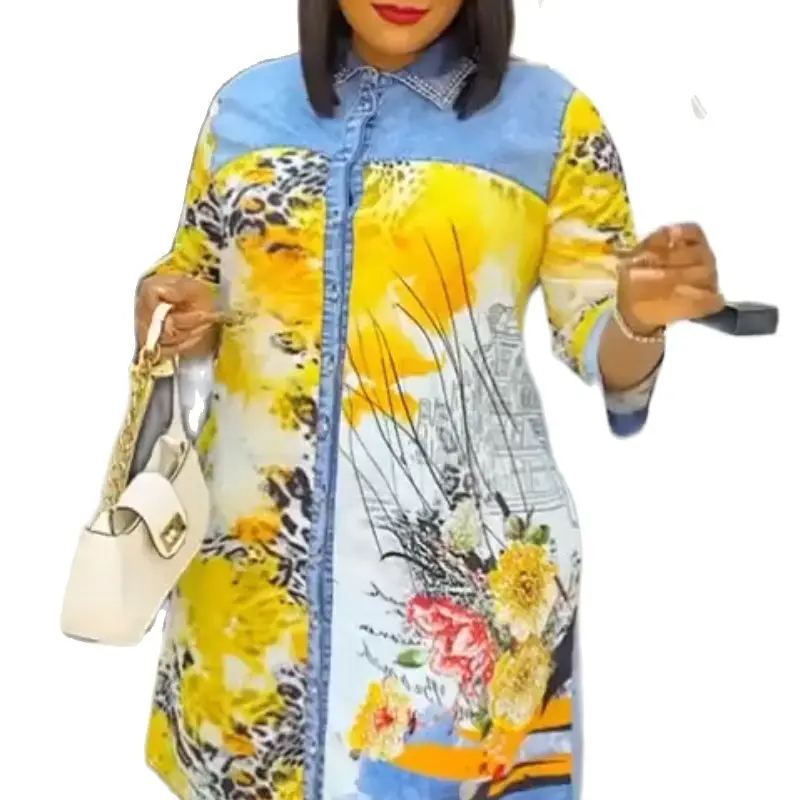 

Африканские платья-рубашки для женщин, Осеннее Африканское платье с рукавом три четверти и принтом из полиэстера, Платье До Колена, африкан...