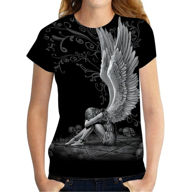2022 3d Gothic Angel Print T-shirt Round Collar Black Short Sleeve Angel Print Funny Wings Women Hip Hop Skull Size 6xl