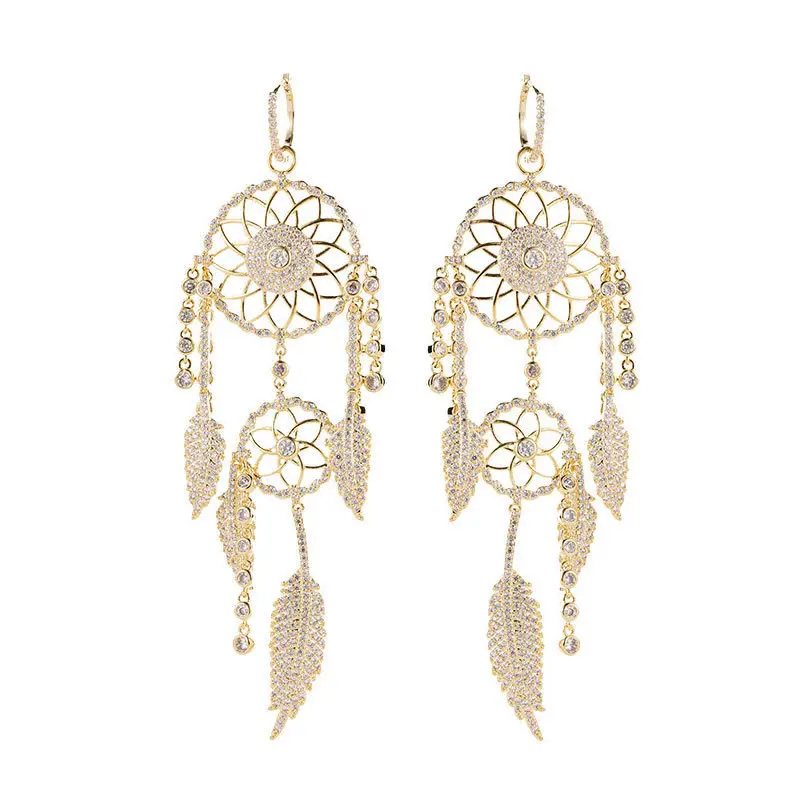 

golden Feather trendy European fashion dream catcher tassel earrings for women