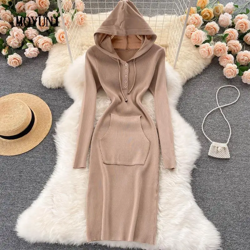 

Slim Hip Bodycon Big Pocket Casual Hooded Dress Women Robe Korean Clothes Y2k Midi Long Knitted Sweater Wild Vestido Solid Wild