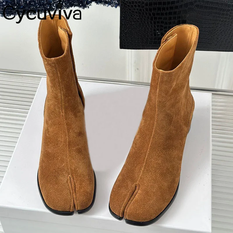 

Коричневые кожаные ботильоны с разрезом, женские брендовые ботинки на низком массивном каблуке, зимние модельные дизайнерские полуботинки для женщин
