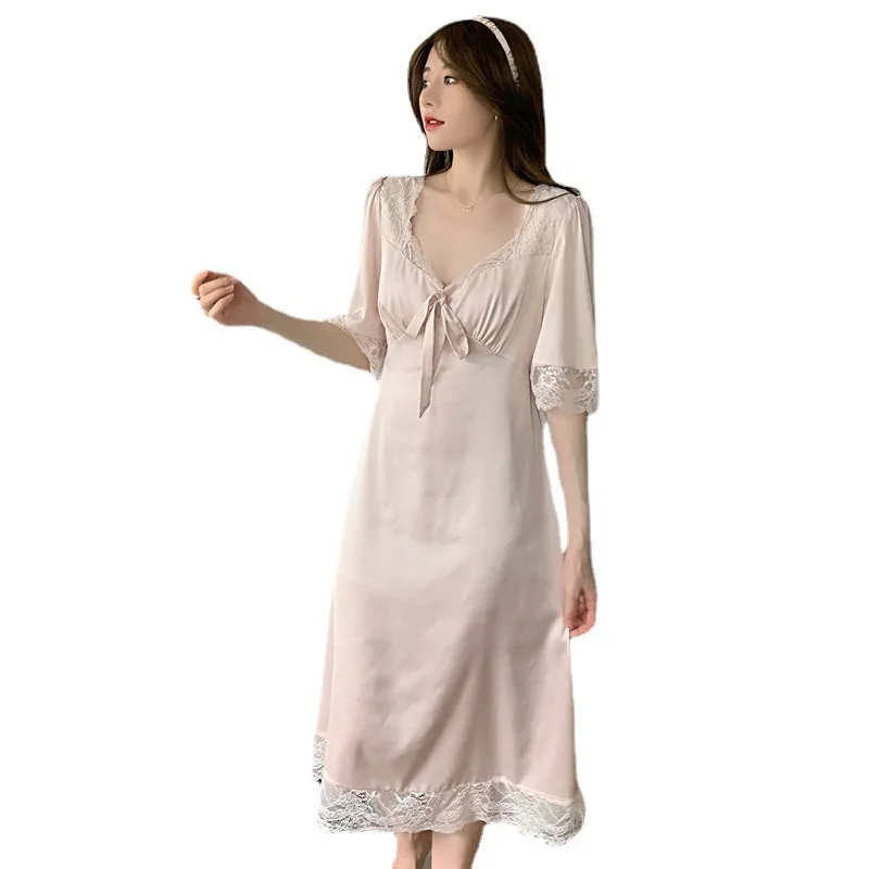 Sleep Top Ice Ribbon Chest Pad Long Knee-length Lace Princess Palace Thin Pajamas Worn Outside Home Clothes Woman Sleepwear Sets