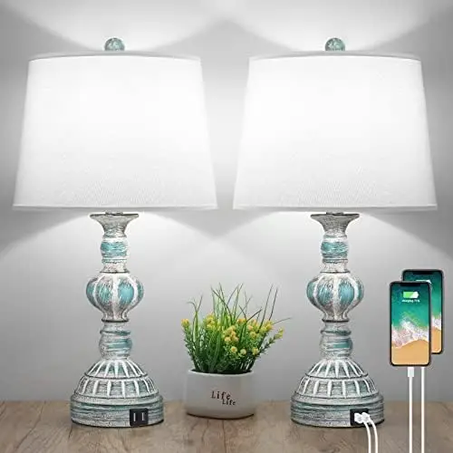 

3-Way Dimmable Touch Table Lamps with 2 USB Ports, Set of 2 Coastal Bedroom Bedside Reading Lamps, Modern Rustic Nightstand Desk