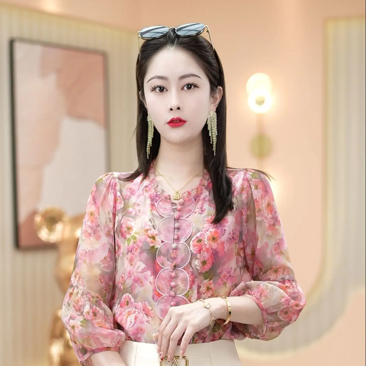 

Женский кардиган с цветочным принтом, блузка с круглым вырезом и рукавом 3/4, лето