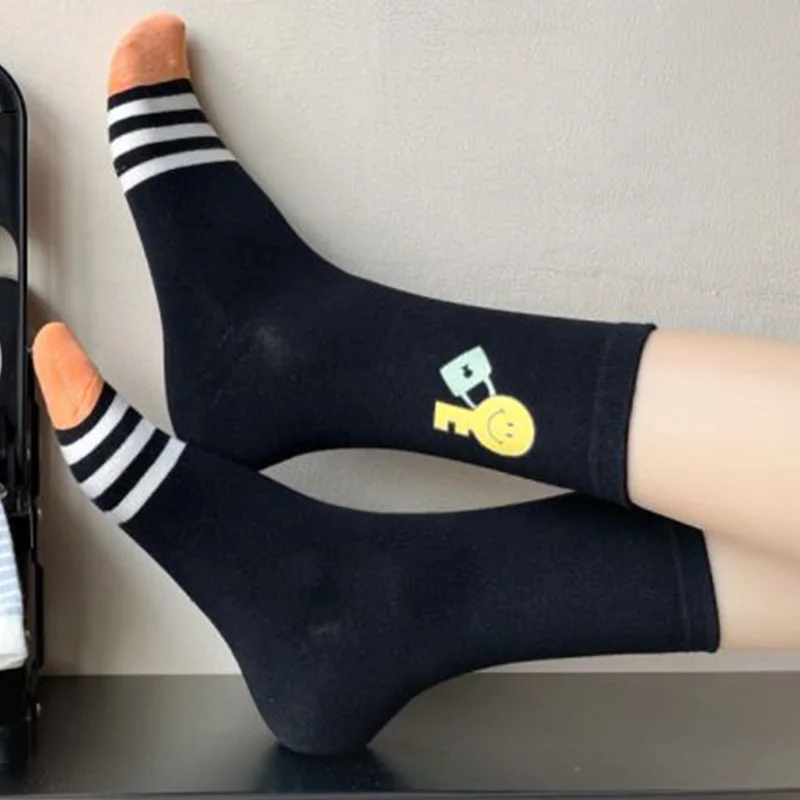 5 Pair College Style Pure Cotton Socks Women Cute Cartoon Smiley Stripe Long Socks Set Autumn Winter Fashion Cycling Foot Cover