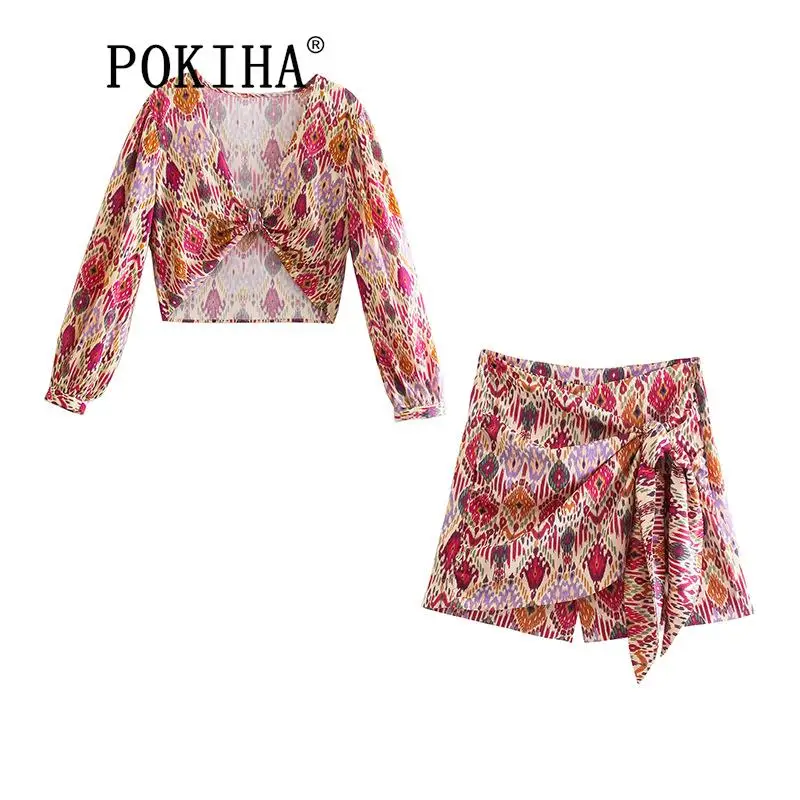 

Pokiha Women Fashion With Knotted Totem Print Shorts Skirts Vintage High Waist Side Zipper Female Skirts Mujer Two Piece Sets