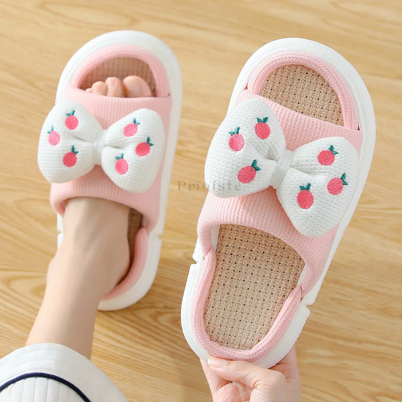 All Season Linen Home Slippers for Women Bedroom Slippers Comfort Cute Butterfly-Knot Non-slip Female House Slippers Unisex