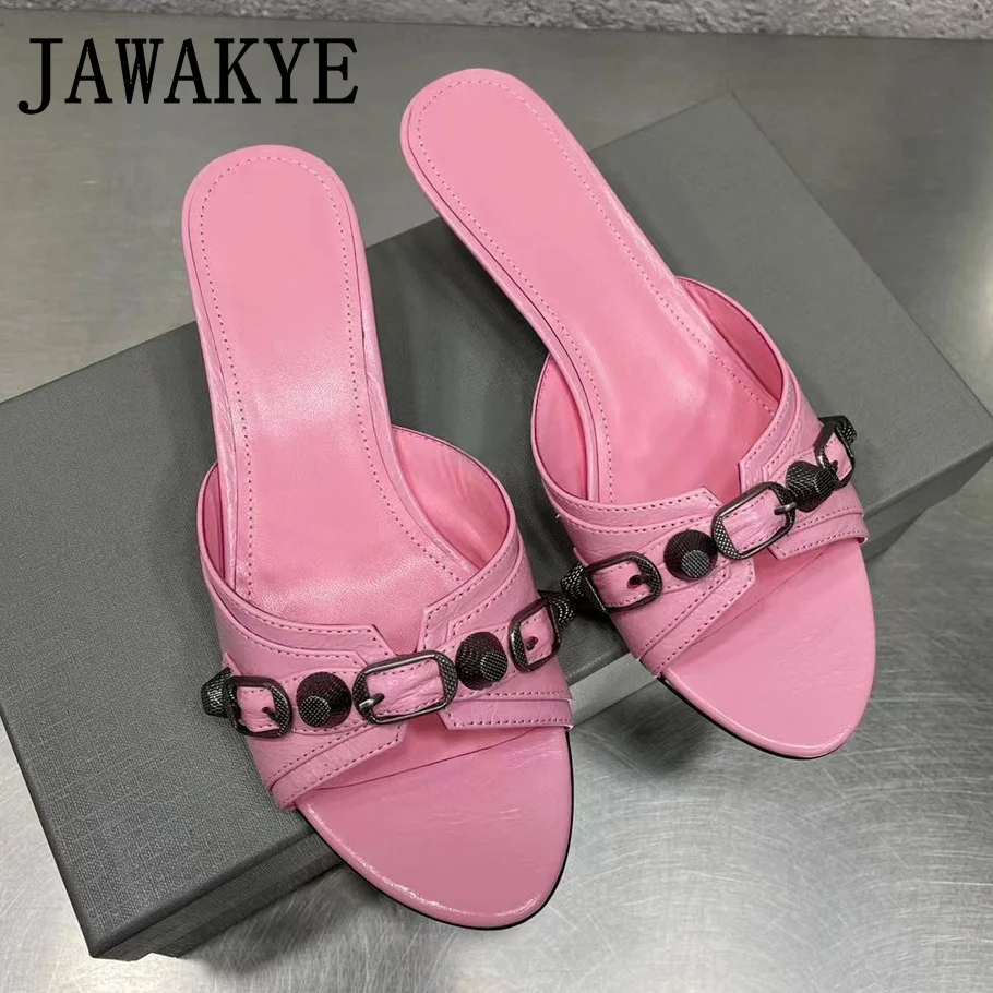 

Luxury Brand Leather Cat Heel Chain Mules For Women Flip Flops Casual Peep Toe Ladies Slippers Summer 2022 Femme Slipper mujer