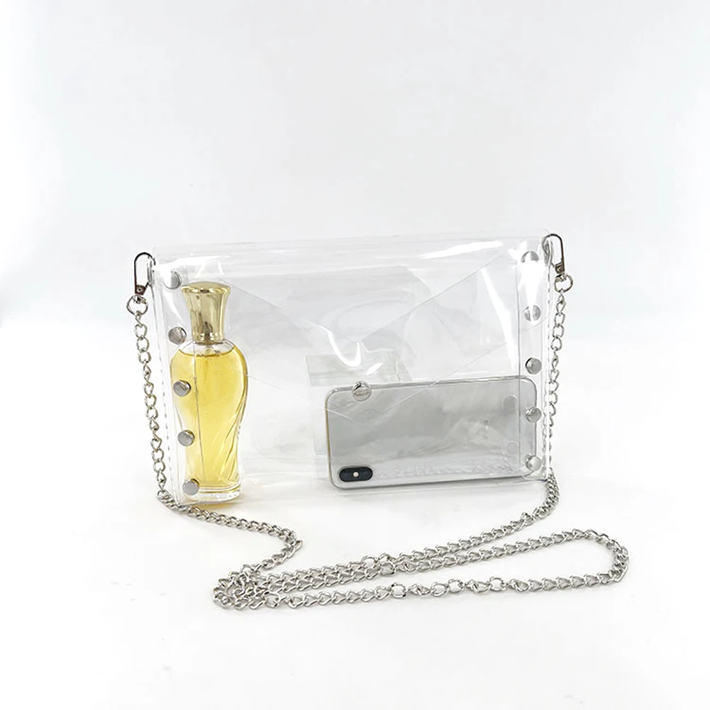 

Модные женские сумочки с прозрачными заклепками, женские сумки-тоуты из ПВХ, прозрачные, одобренные стадионами, на цепочке, повседневная Пр...