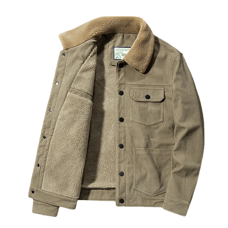 Corduroy Thick Winter Coat Men Plus Velvet and Cotton Fleece Collar Warm Jacket Outdoor Tooling Imitation Lamb Velvet Coats