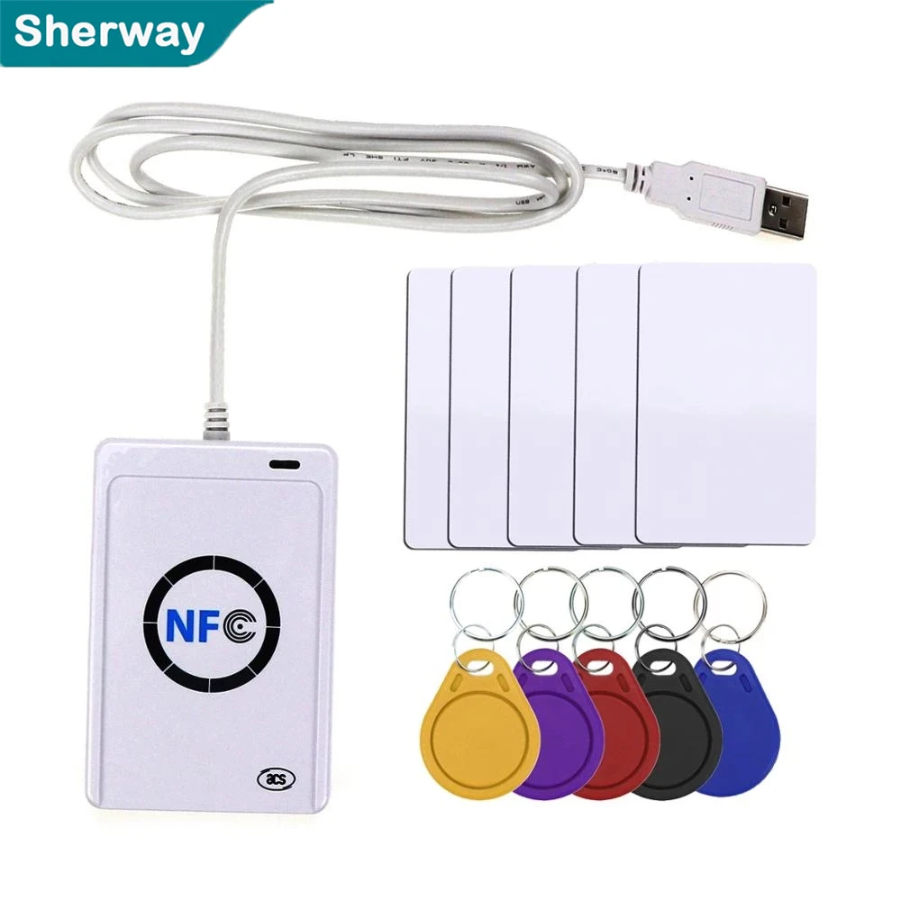 

NFC Card ACR122U NFC RFID 13.56MHz Contactless Smart Card Reader Writer w/USB Cable, SDK, 5X Writable IC Card (No Software)