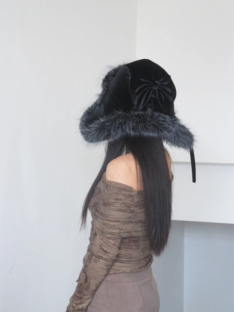 Зимняя бархатная текстура с большим бантом элегантная шапка Lei Feng морозостойкая