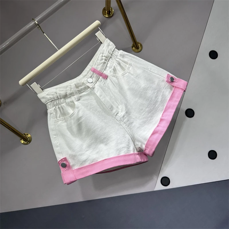 High Street Color Matching Curling A- Line Denim Shorts Women 2023 New Summer Short Pants Waist Slimming Blue Jeans Shorts Femme