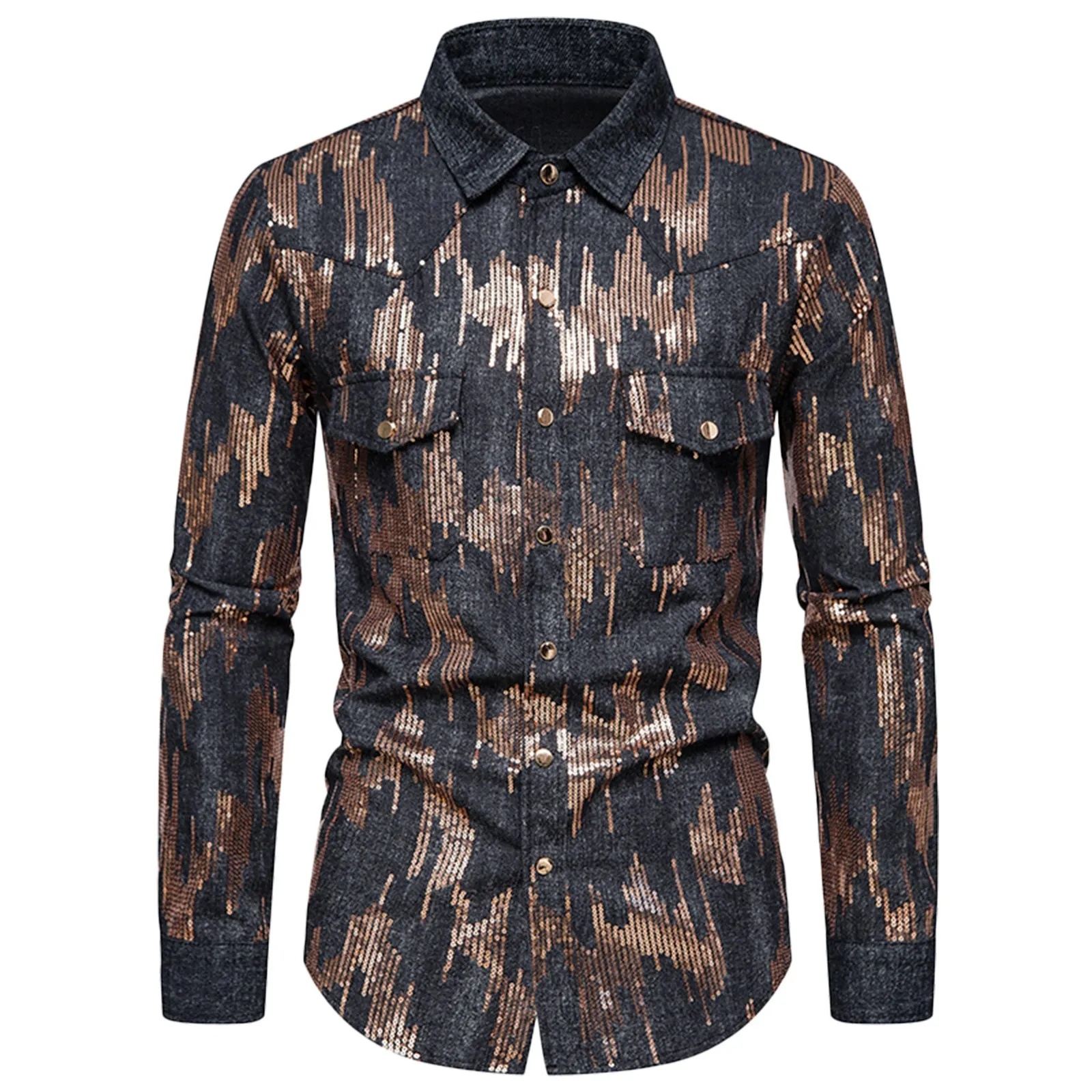 

Loose Fit Male Casual Autumn Slim Sequins Denim Shirt Turn Down Collar Pocket Button Long Sleeve Shirt Blouse N