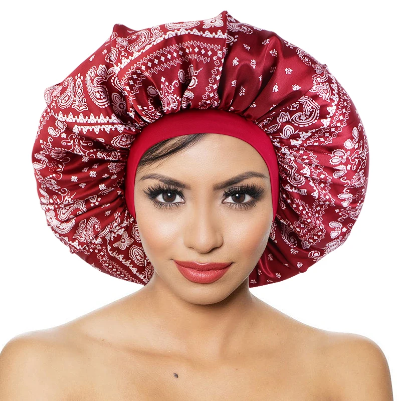 

Women Paisley Pattern Satin Bonnet Night Sleep Cap Elastic Edge Band Hat Cover Large Headwrap Lady Hair Care Big Size Head Wear
