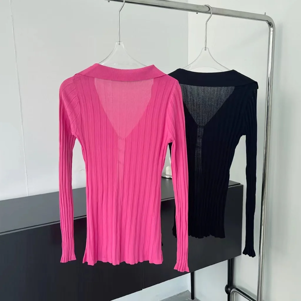 2023 Autumn New Women's Sweater V-neck Front Hook And Loop Design Sexy Pure Color Slim Thin Top