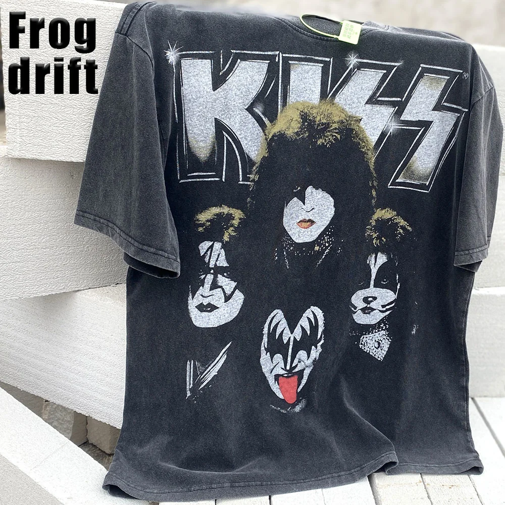 

Модный брендовый винтажный Ретро KISS рок-группы, летняя свободная уличная одежда в стиле оверсайз, футболка в стиле рэпера, футболки для мужчин
