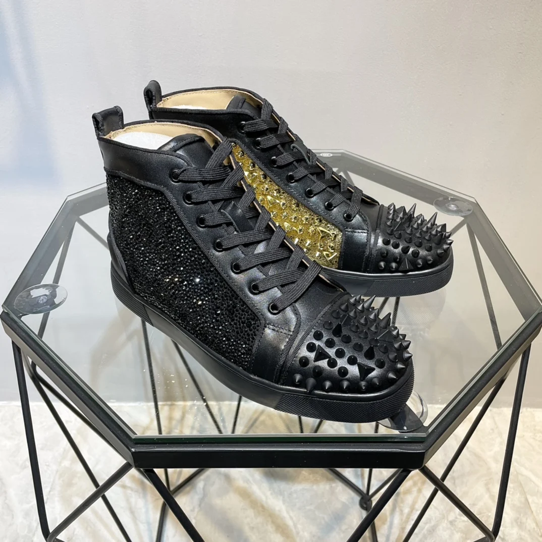 

Luxury Brand Designer Shoes Black Full Spikes Men's Sneakers High Top Casual Shoes Men Lace Up Flats Shoes