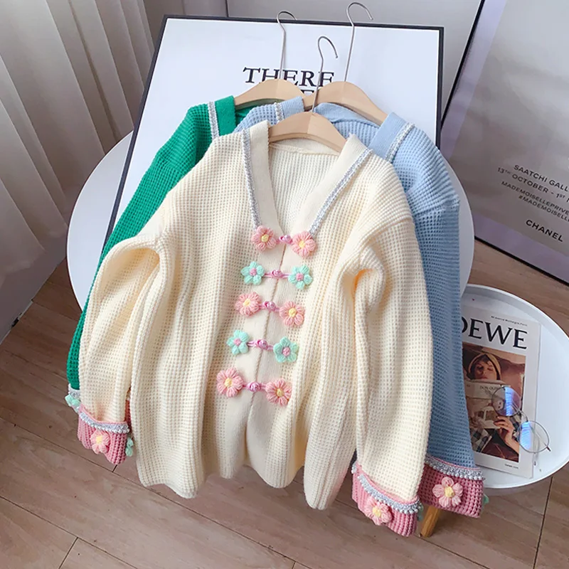 

LQ-SONGYI Flower Button Cardigan Sweater Spring Autumn Vintage Sweet Chinese Style Knitted Coats Women's New 2022 Cardigans