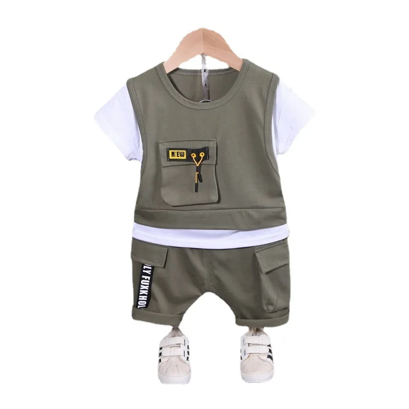 

Boys Summer Patchwork Clothing Sets 1-4Y Young Children Cotton False Two Casual Tops Clothes 2 PCS T-shirts and Shorts FY04084