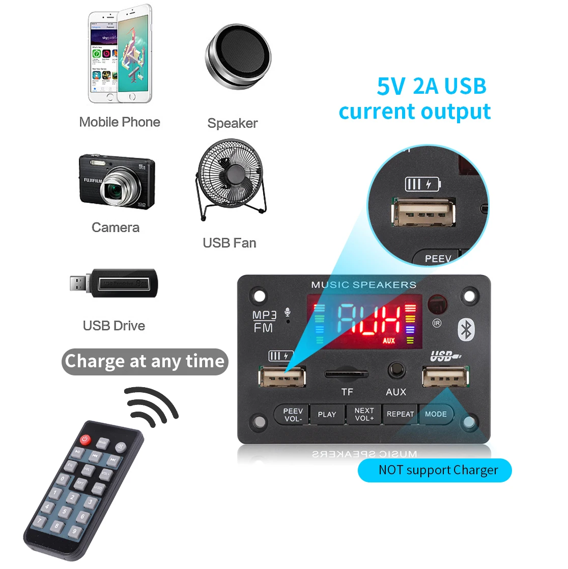 Цветной экран DC7V-24V MP3 декодер плата 80 Вт усилитель Bluetooth 5 0 с портом для зарядки