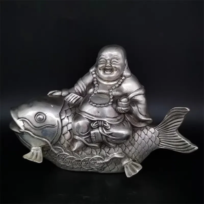 

Old Silver Maitreya Buddha sitting fat fish belly Buddha Smiling Buddha,Free shipping
