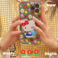 hello kitty cartoon flower stand phone cases for iphone 13 12 11 pro max mini xr xs max 8 x 7 se 2022 transparent silicone cover