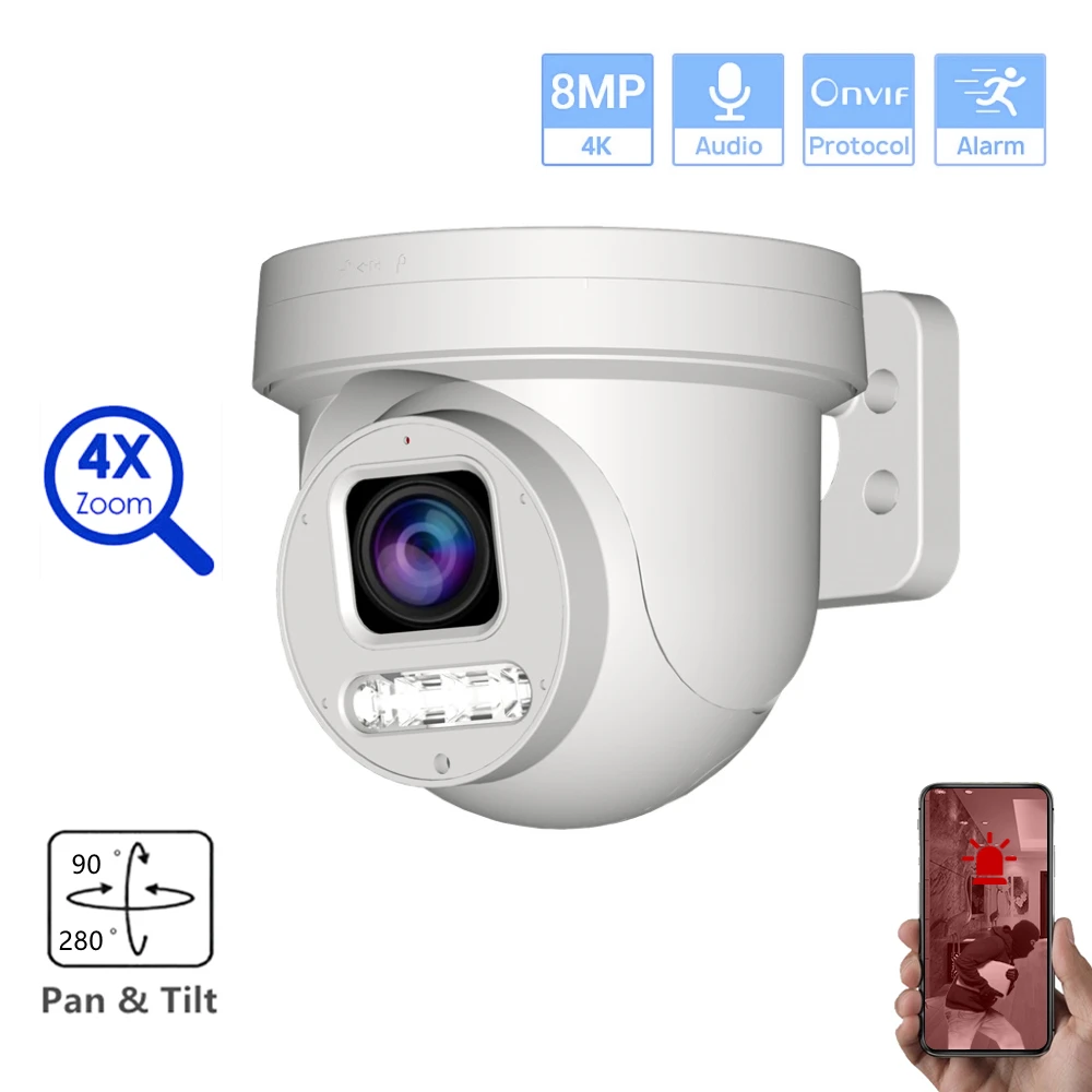 

Mini Dome PTZ IP POE Camera 4K Outdoor 4X Zoom CCTV Two Way Audio Video Surveillance Security 8MP CCTV Camera