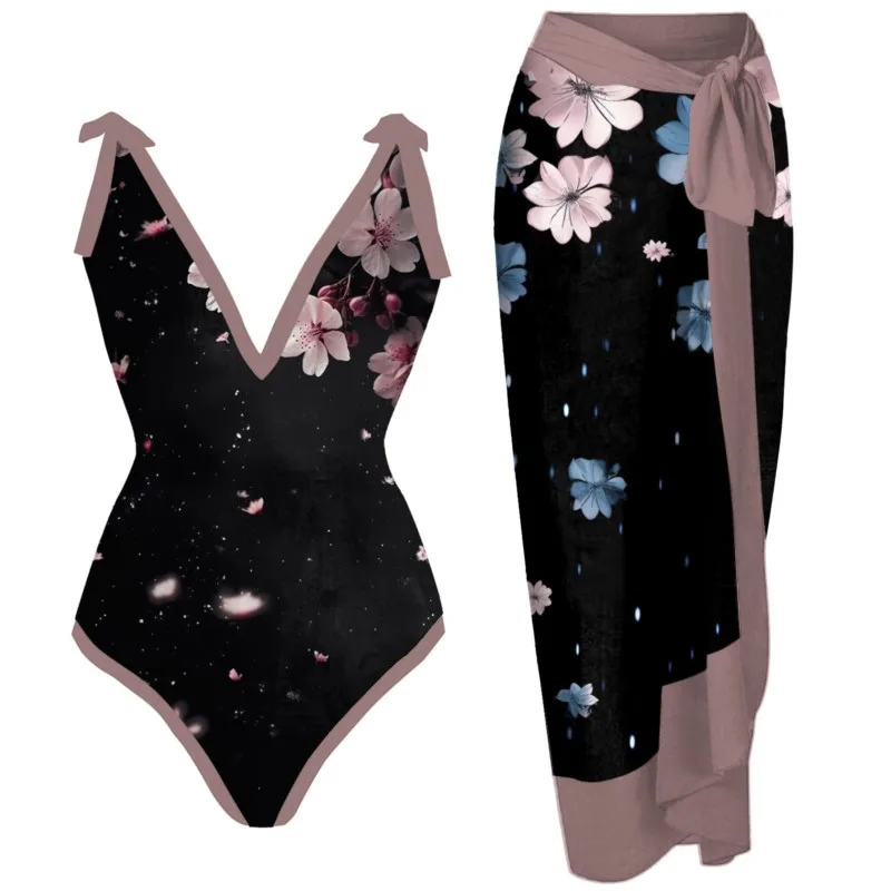 Bikini Bodysuit Swimwear Women With Skirt Bathing Suit Summer New Ruffle Splice Print Beachwear Holiday Bikini Cover Ups Outfits