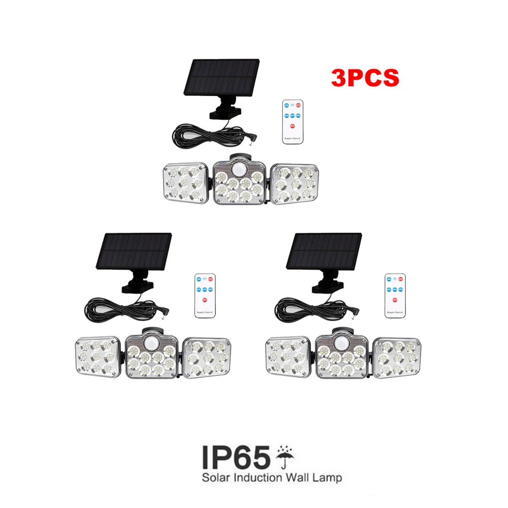 

138 led remote seperable Rechargeable Solar Wall Light Flood Light 3 Adjustable Heads 270° Wide Lighting Angle Waterproof Motion