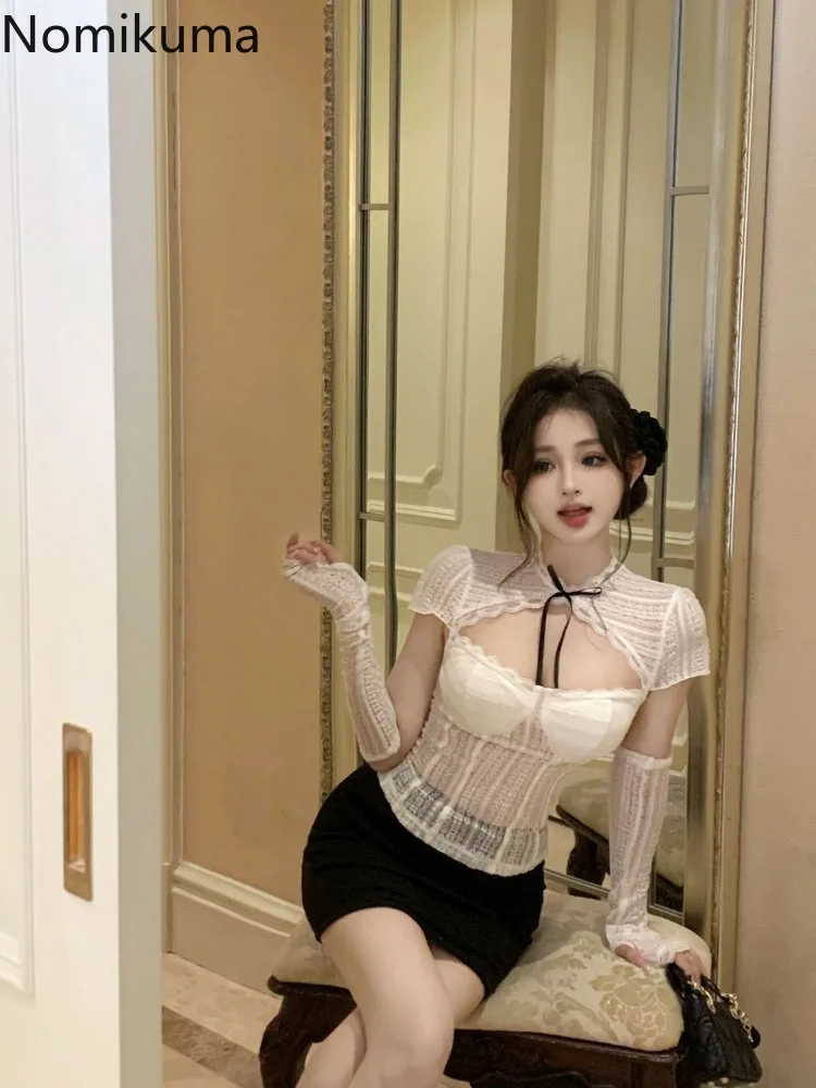 Женская кружевная блузка с бантом коротким рукавом Просвечивающая в Корейском