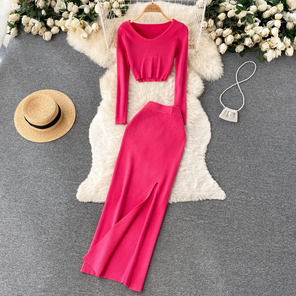 

Women Chic Two Pieces Sets High Waist Sexy Split Pencil Wrap pencil Skirt+ Long Sleeve Knit Pullover Slim Fashion Sweater Set