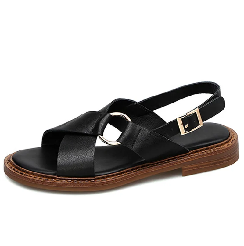 

Сандалии женские из натуральной кожи, босоножки на плоской подошве, с пряжкой сзади, модная летняя обувь, большие размеры 34-40
