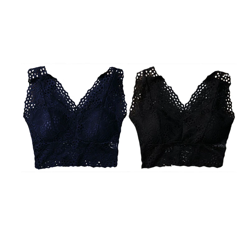 

Hot Kf-2X Women Flower Tank Top Bra Lace Floral Crochet Vest Crop Top Royal Blue & Black