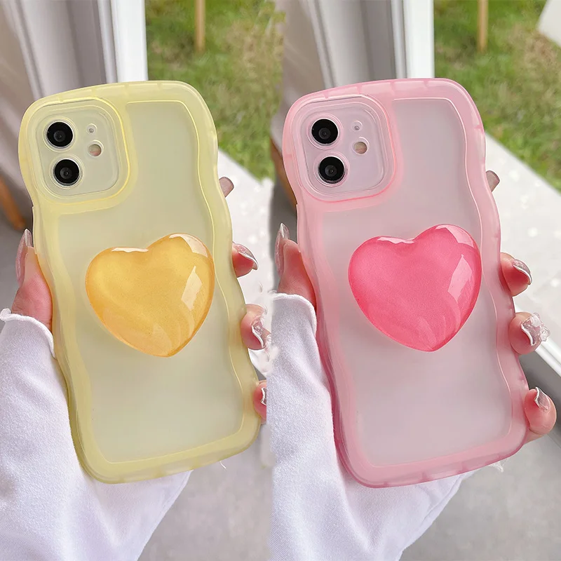 

Korea Shockproof Transparent Soft Case for iphone 13 12 11 Pro Max X XR XS 7 8 Plus SE2022 Love Heart bracket Holder Stand Cover
